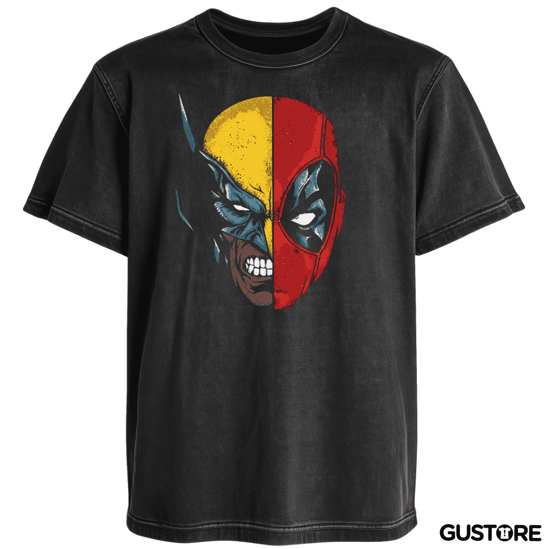 Polera desgastada Deadpool Wolverine faces
